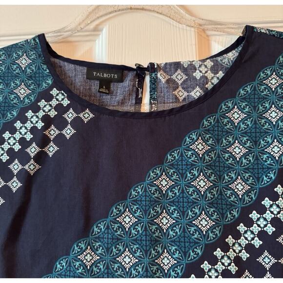 Talbots Navy Teal Turquoise White Tencel Lyocell Long Sleeve Top Size L - Picture 2 of 7